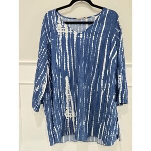 Soft Surroundings XL Blue White Tie Dye Crinkle V-Neck Tunic Top